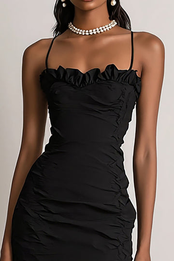 Satin Bodycon Spaghetti Straps Little Black Dress with Ruffles